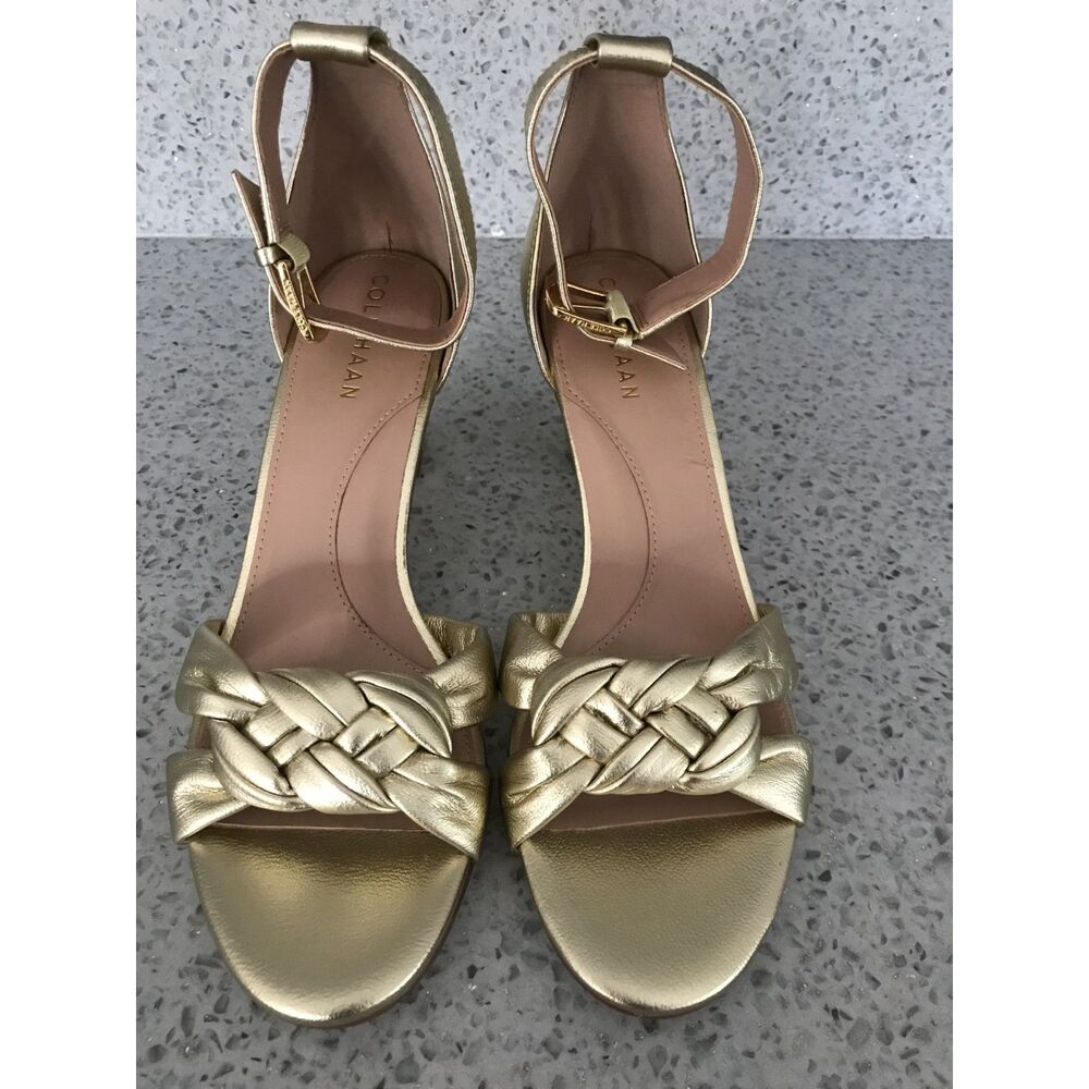 Cole Haan Gold Leather Open Toe Low Heeled Sandals Shoes, Womens Size 7B